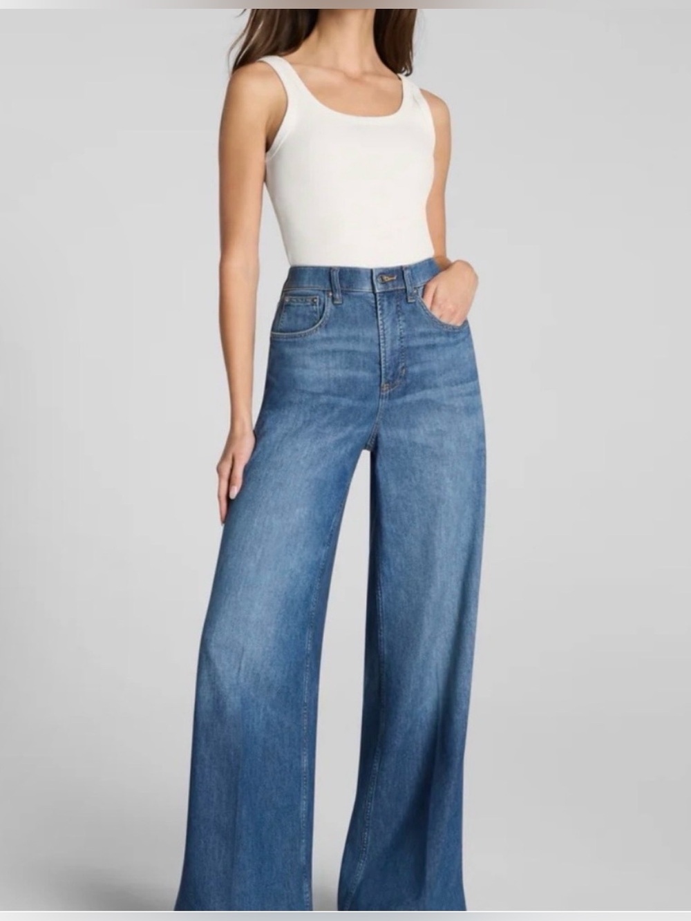 Perfect SPANX High-Rise Wide Leg Jeans in Blue Wash medium petite